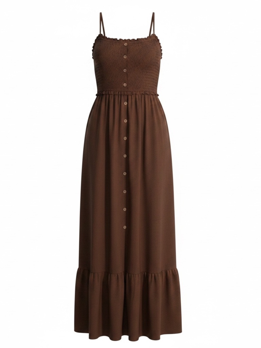 Dokotoo chocolate brown tiered sleeveless maxi dress w/button down front. Size M - Picture 2 of 11